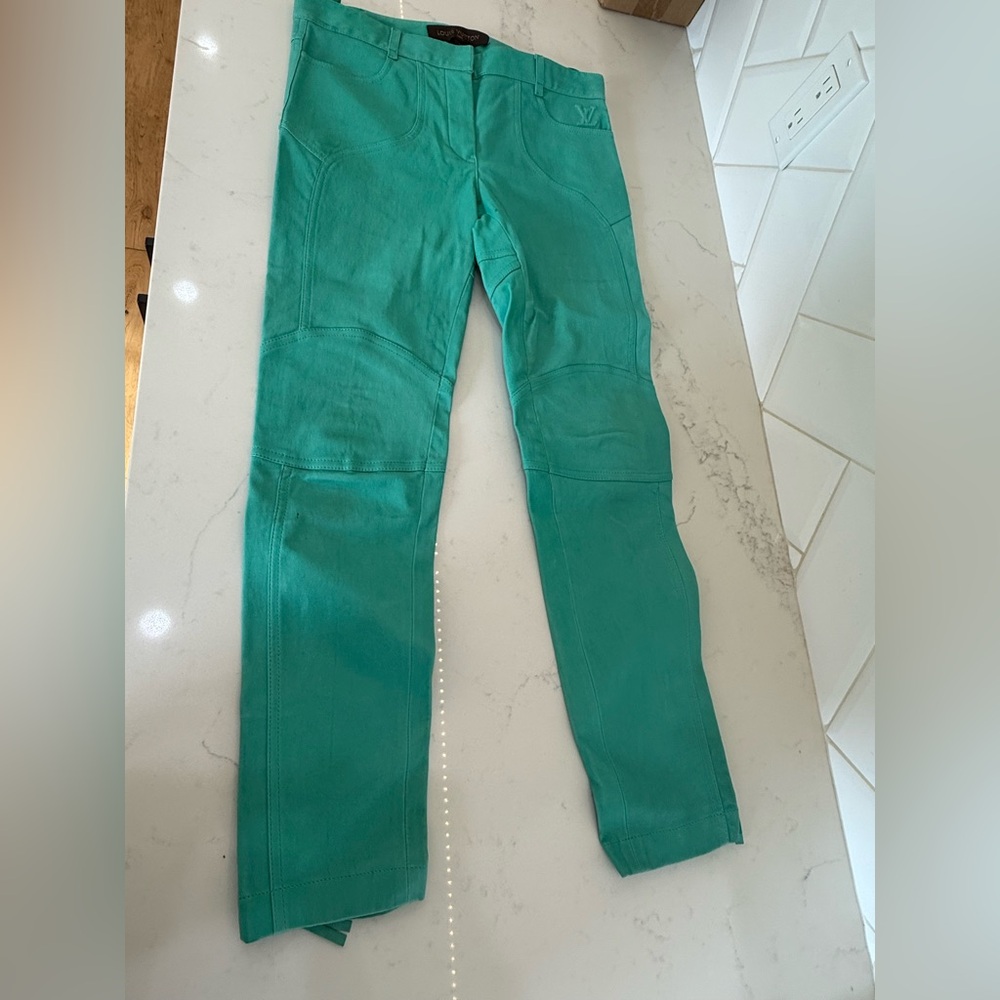 Louis Vuitton leather turquoise pants